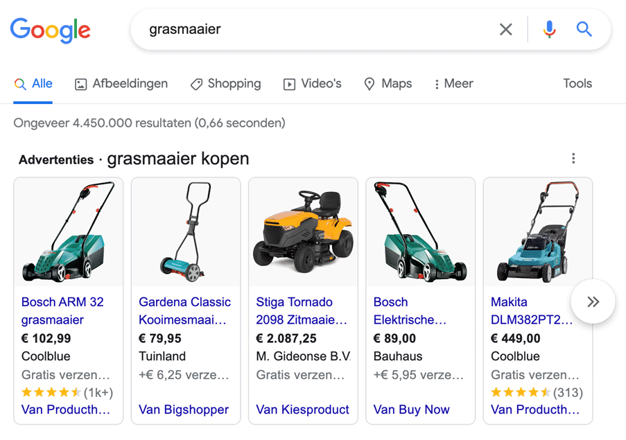Screenshot van Google Shopping resultaten met daarin een aantal grasmaaiers.