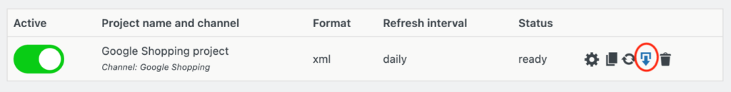 Screenshot van het overzichtscherm met een aangemaakte feed in de WordPress / WooCommerce plugin Product Feed PRO for WooCommerce  