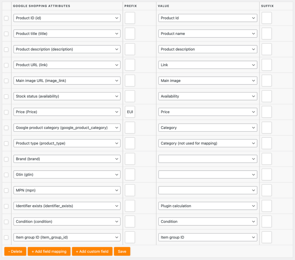 Screenshot van Fieldmapping in de WordPress / WooCommerce plugin Product Feed PRO for WooCommerce. De mapping wordt ingesteld ten behoeve van een correcte feed voor Google Shopping.