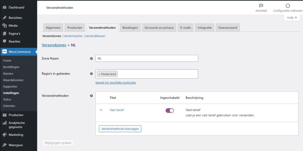 Screenshot van scherm verzendmethoden in WooCommerce (e-commerce plugin van WordPress)