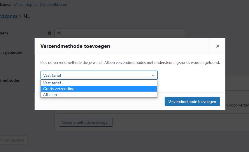 Screenshot van scherm verzendmethode teovoegen in WooCommerce (e-commerce plugin van WordPress). De optie gratis verzending is geselecteerd.