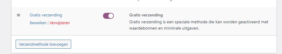 Screenshot van scherm verzendmethoden in WooCommerce (e-commerce plugin van WordPress). De optie Gratis verzending is zichtbaar.