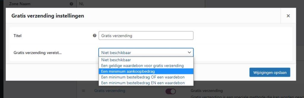 Screenshot van scherm gratis verzending instellen in WooCommerce (e-commerce plugin van WordPress)