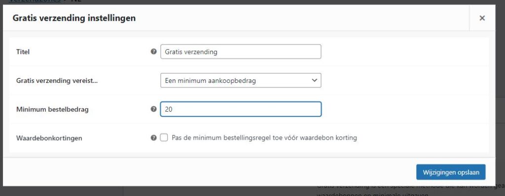 Screenshot van scherm gratis verzending instellen in WooCommerce (e-commerce plugin van WordPress). Minimum bestelbedrag is op 20 gezet.