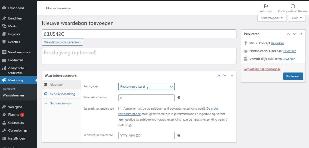 Screenshot van scherm Nieuwe waardebon toevoegen in de Woocommerce plugin (WordPress)
