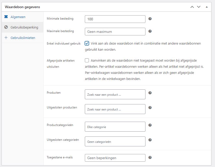 Screenshot van scherm Waardebonn gegevens in de Woocommerce plugin (WordPress). Submenu Gebruiksbeperking is actief.