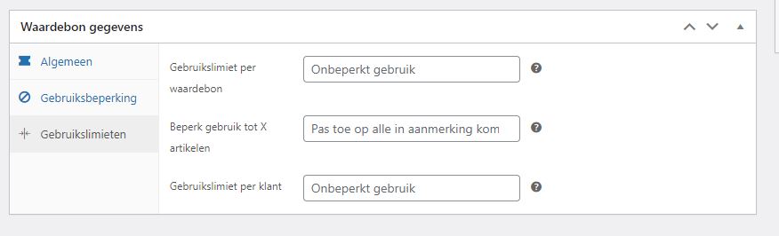 Screenshot van scherm Waardebonn gegevens in de Woocommerce plugin (WordPress). Submenu Gebruikslimieten is actief.