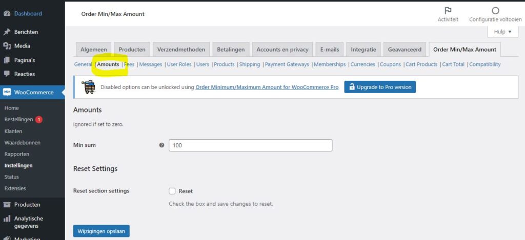 Screenshot van Min sum (instellingen) van de WordPress / WooCommerce plugin Order Minimum/Maximum Amount for WooCommerce.