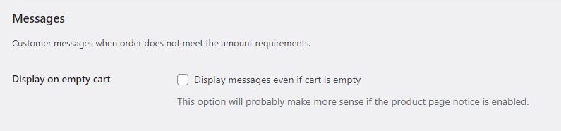 Screenshot van Display on empty cart (instellingen) van de WordPress / WooCommerce plugin Order Minimum/Maximum Amount for WooCommerce.