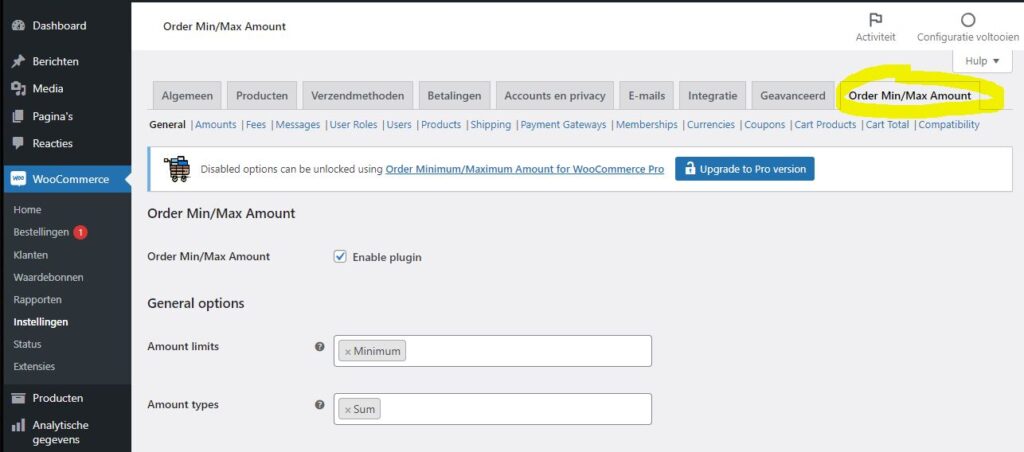 Screenshot van instellingen van de WordPress / WooCommerce plugin plugin Order Minimum/Maximum Amount for WooCommerce.
