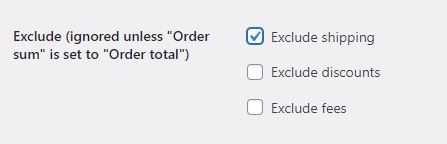 Screenshot van Exclude (ignored unless "Order sum" is set to "Order total") uit de WordPress / WooCommerce plugin Order Minimum/Maximum Amount for WooCommerce.