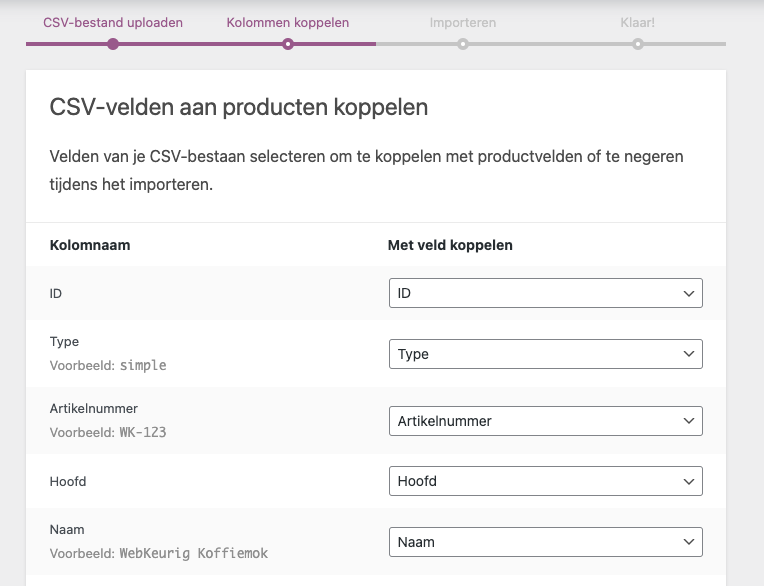 Screenshot CSV-velden koppelen in WooCommerce