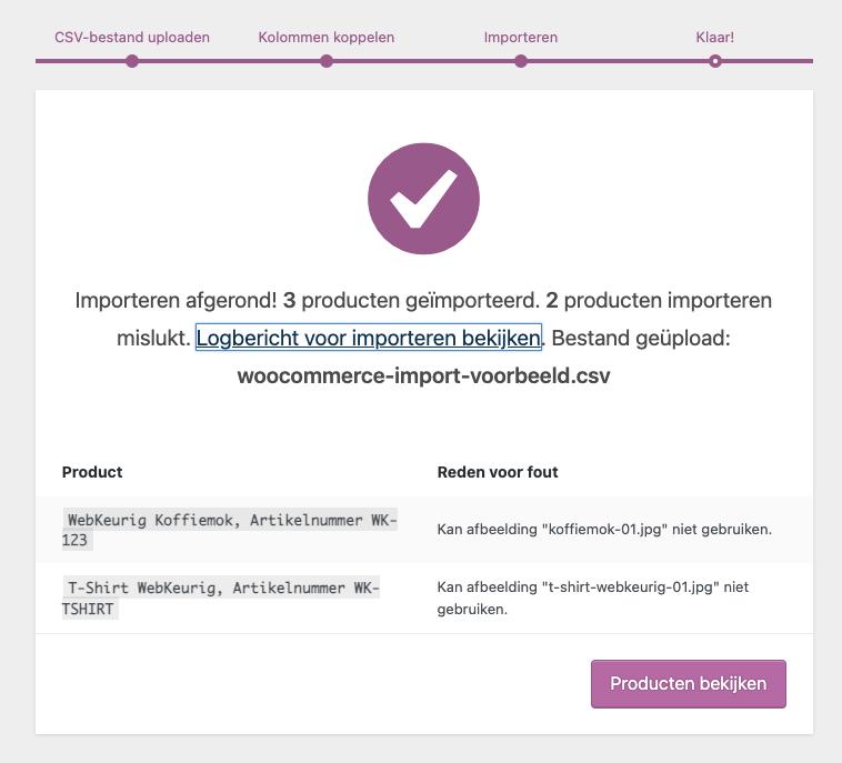 Screenshot van afgeronde import in WooCommerce met fouten in een logbericht.