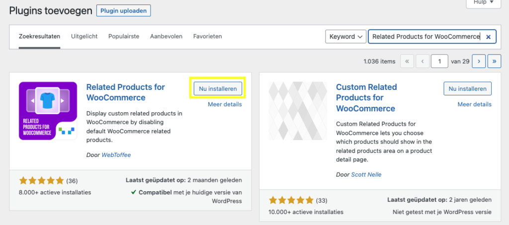 Screenshot van gevonden plugins op term Related Products for WooCommerce