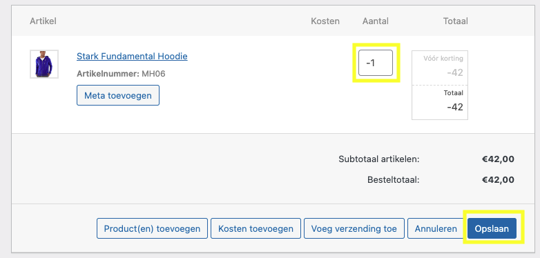 Voorbeeld voor aanmaken factuur met negatief aantal