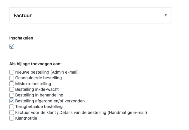 Voorbeeld waar vinkje gezet moet worden in menu PDF facturen.
