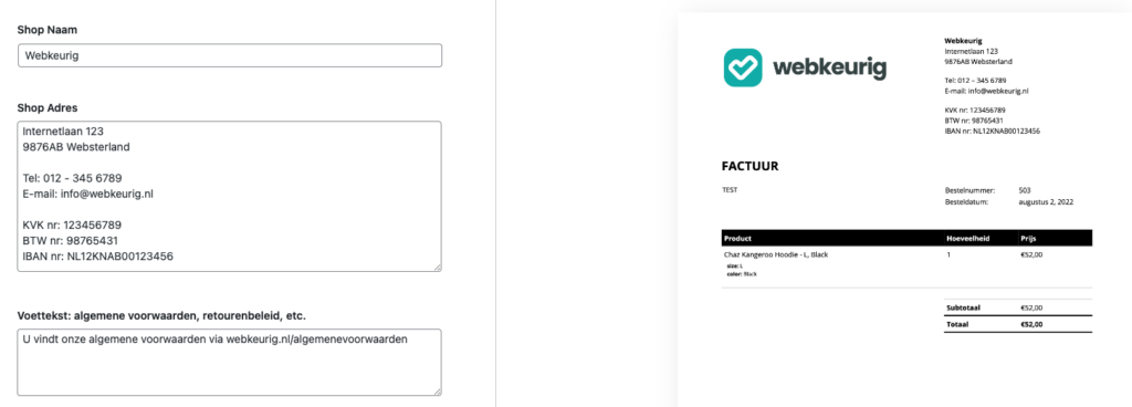 Voorbeeld bedrijfsgegevens invoeren voor op PDF factuur