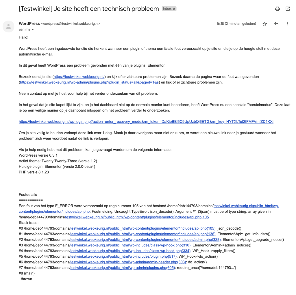 Voorbeeld email wordpress herstelmodus