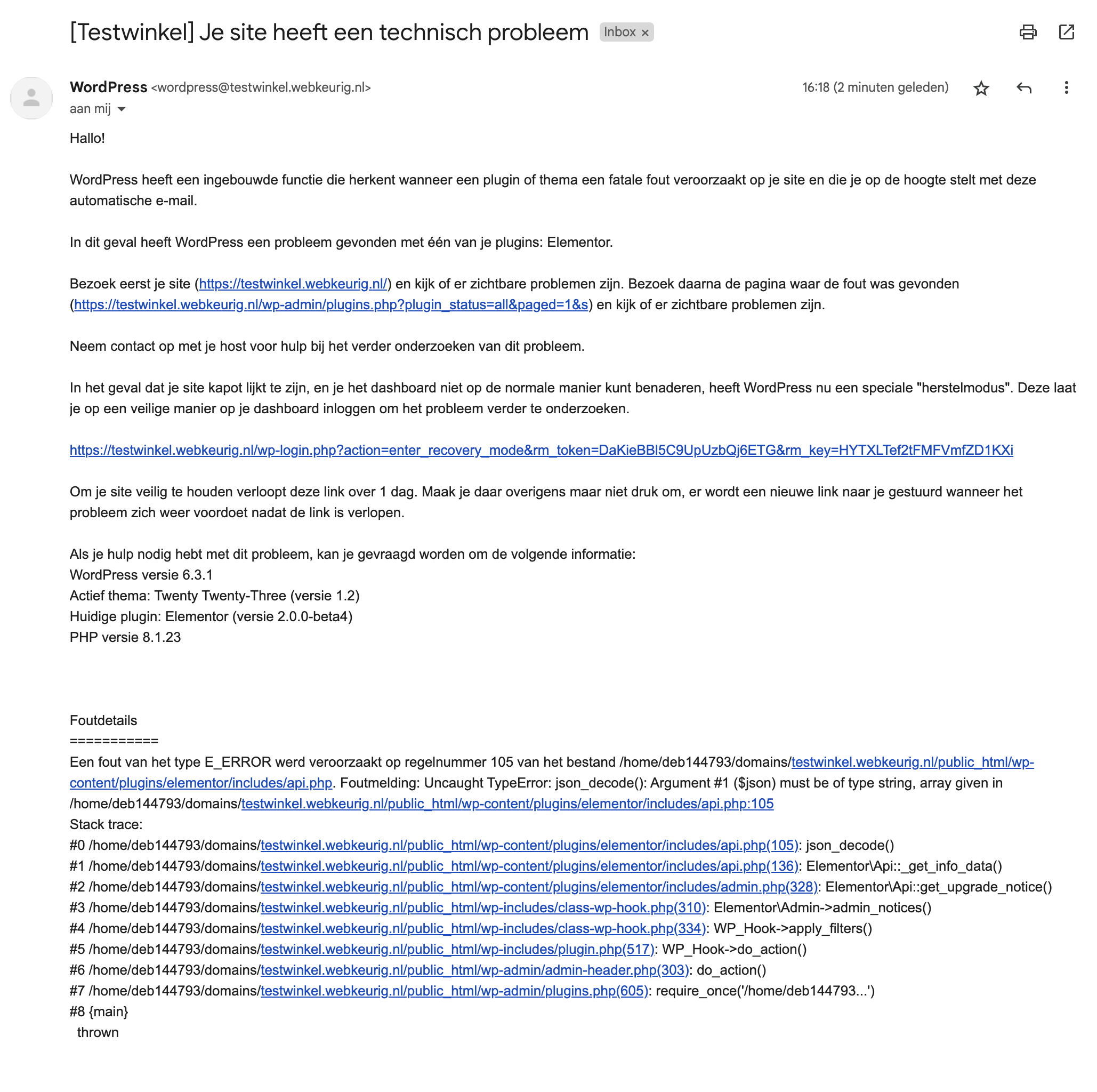 Voorbeeld email wordpress herstelmodus