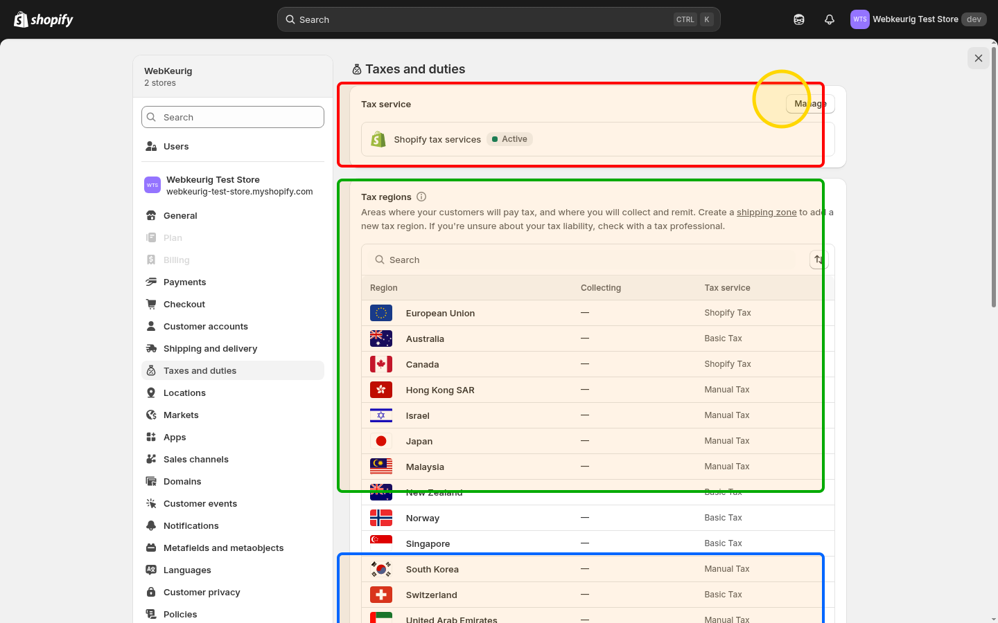 Overzicht van de Shopify btw-instellingen pagina met Tax service, Tax regions en aanvullende instellingen