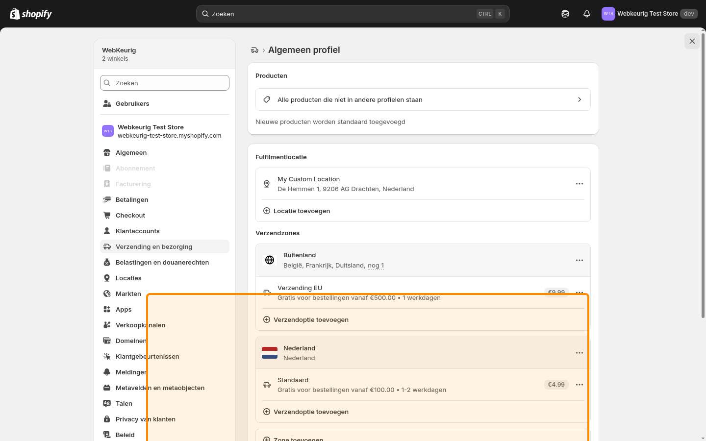 Shopify verzendprofiel overzicht met Nederland zone gemarkeerd
