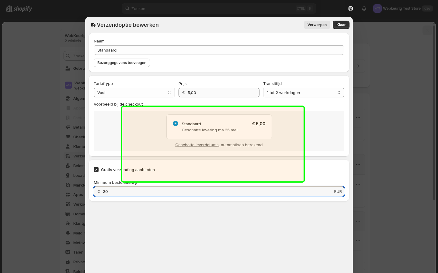 Shopify bewerk verzendoptie formulier met €5 en gratis vanaf €20 ingesteld